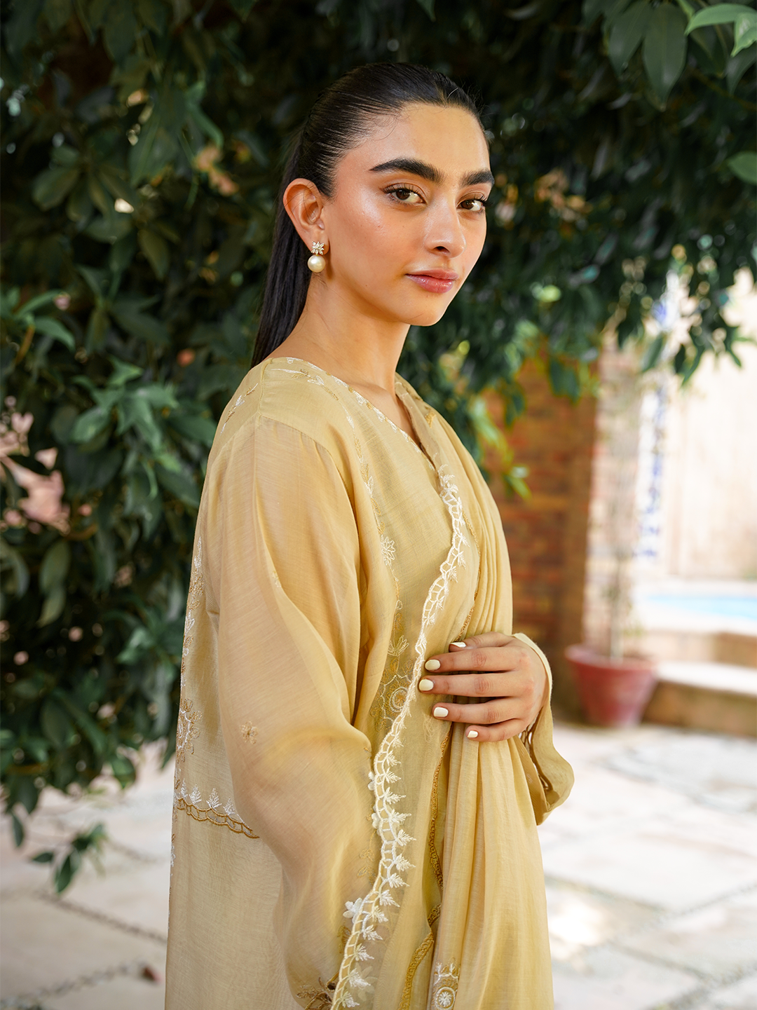 Beige Embroidered 3 Piece Set