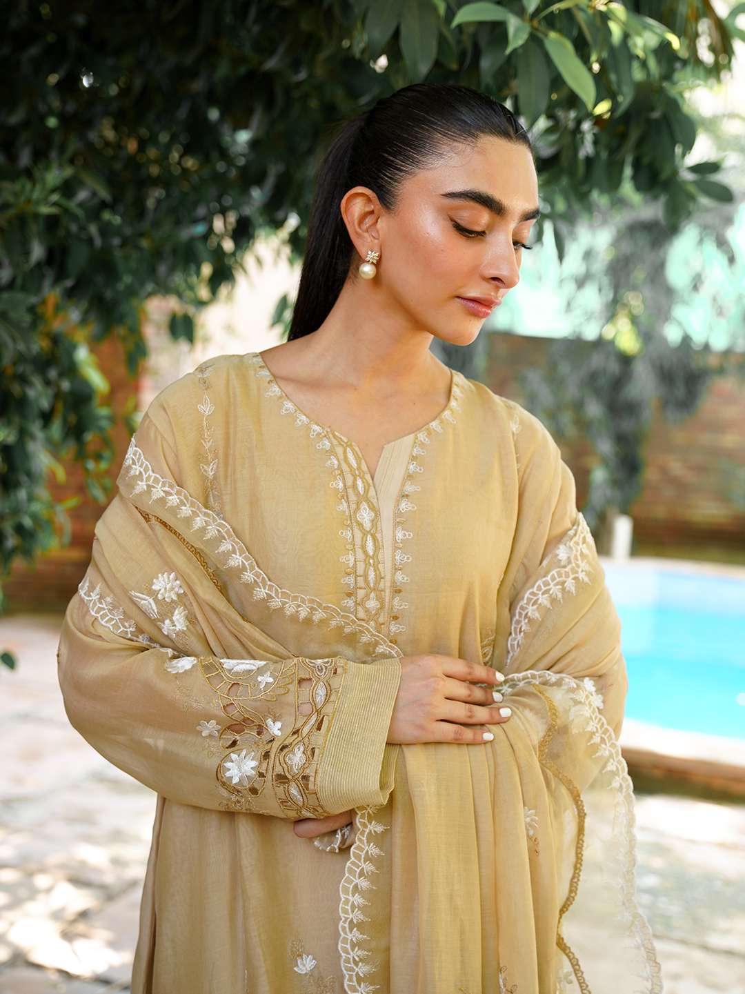 Beige Embroidered 3 Piece Set