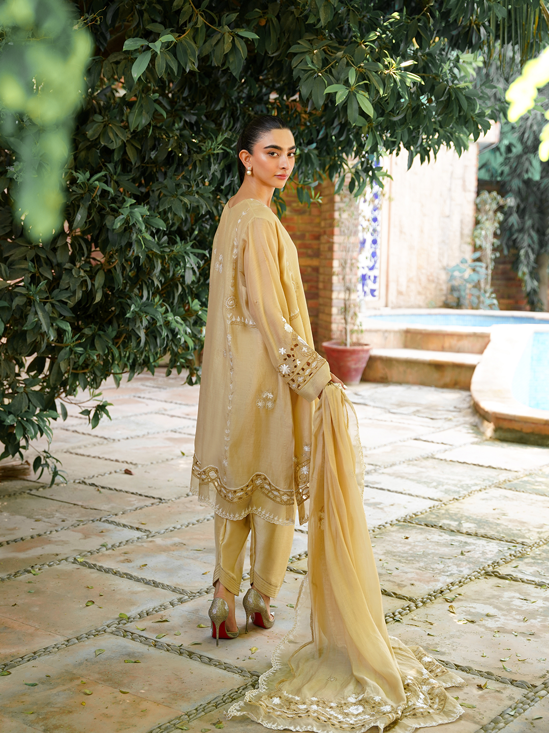 Beige Embroidered 3 Piece Set