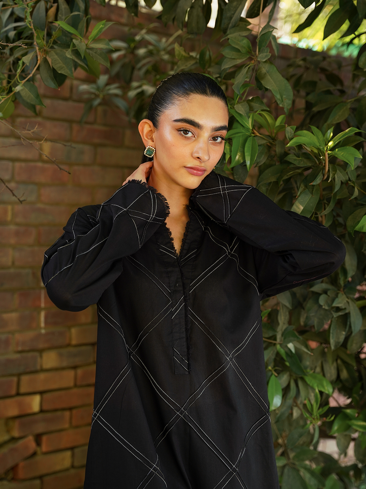Black Cotton Set with White Stitching Detailing