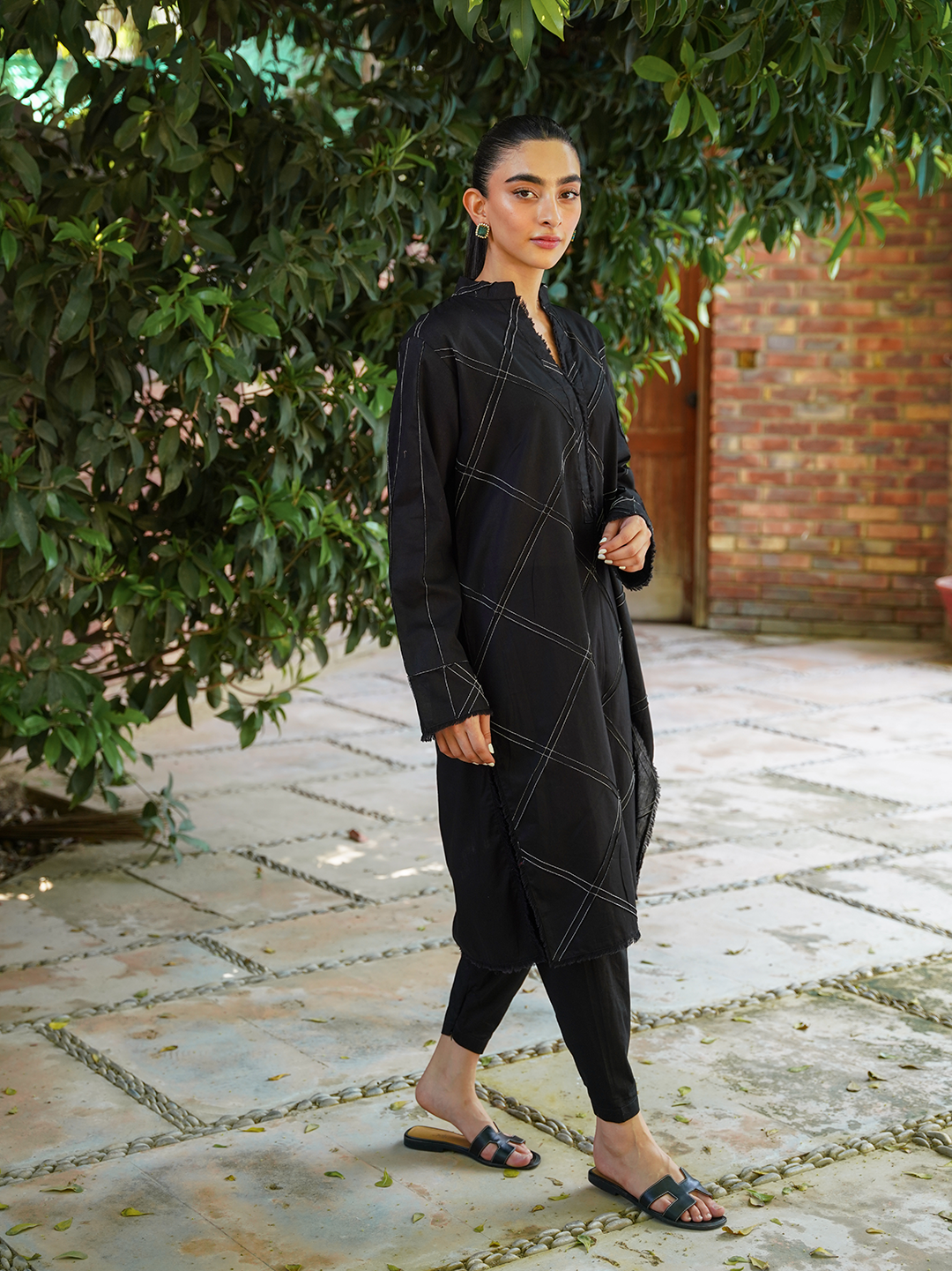 Black Cotton Set with White Stitching Detailing