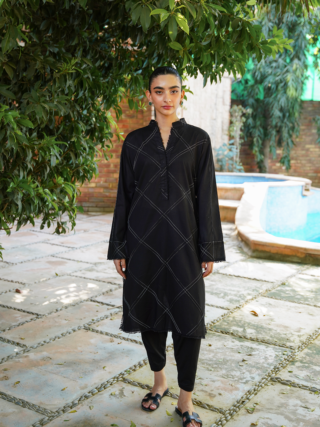 Black Cotton Set with White Stitching Detailing