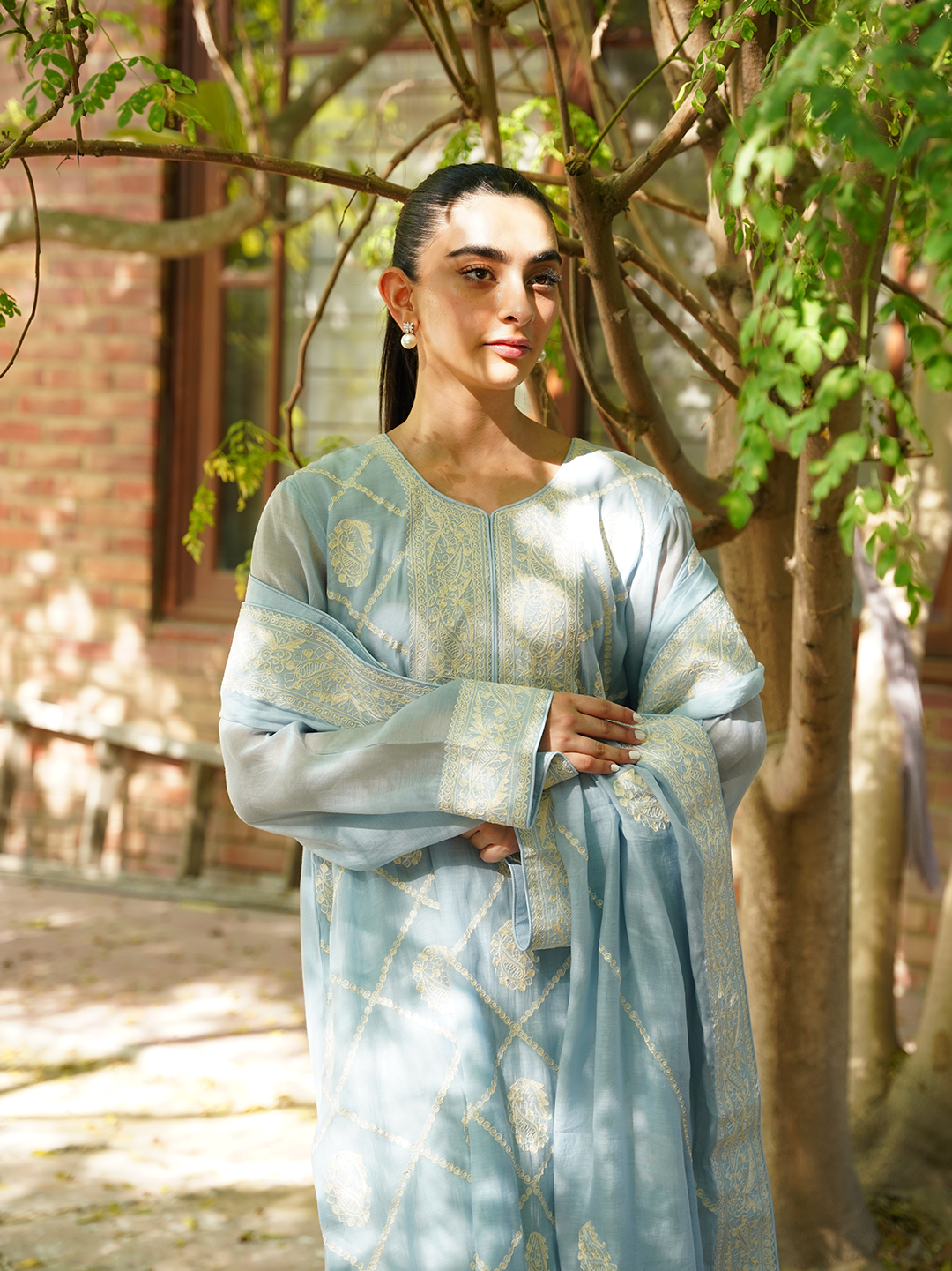 Powder Blue Embroidered Shirt and Dupatta