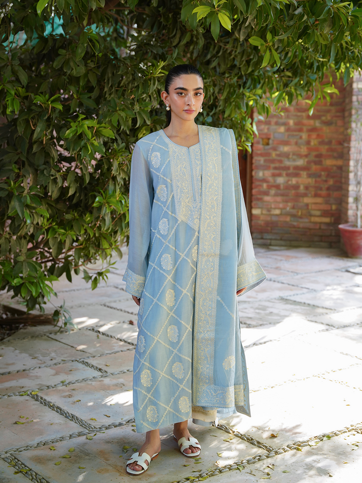 Powder Blue Embroidered Shirt and Dupatta