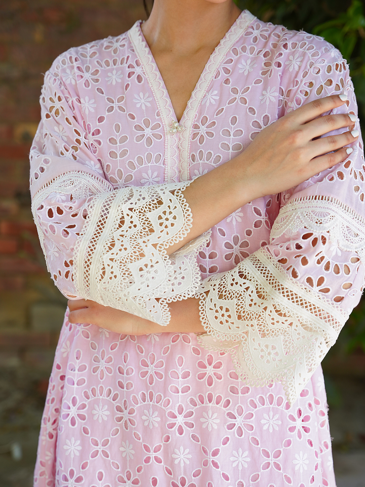 Baby Pink Chikan with Lace Set