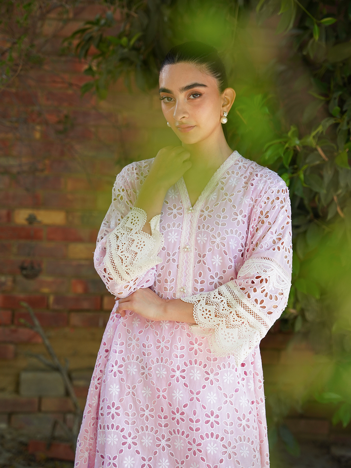 Baby Pink Chikan with Lace Set