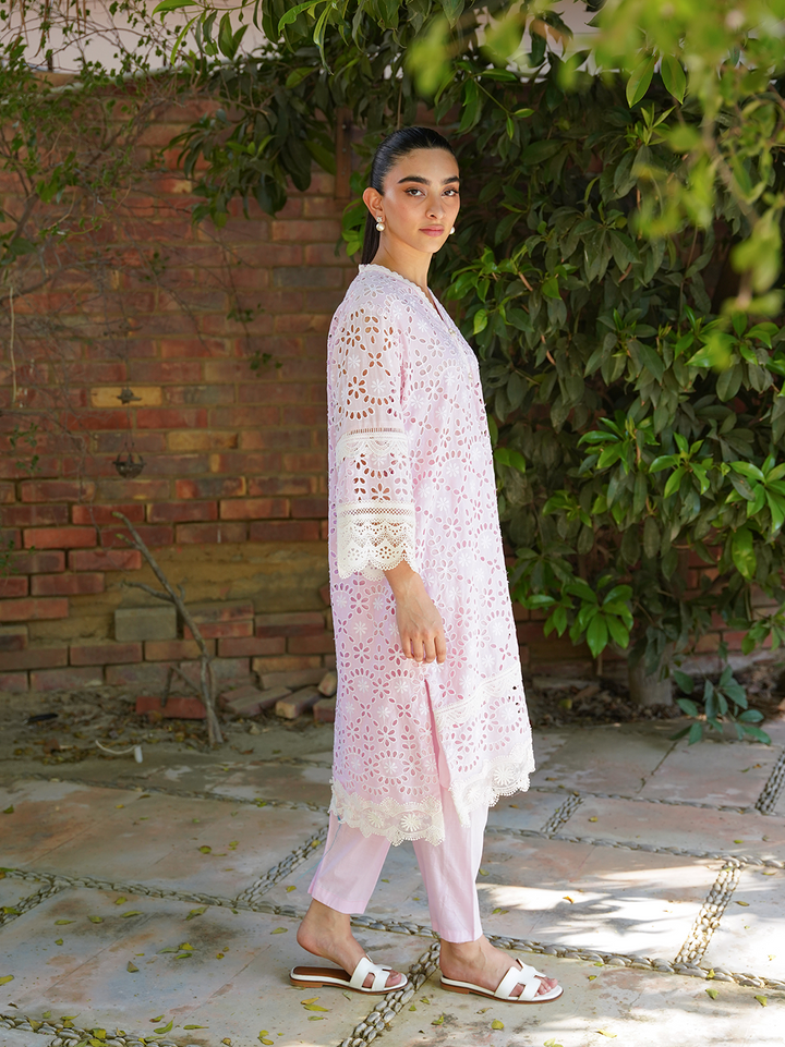 Baby Pink Chikan with Lace Set