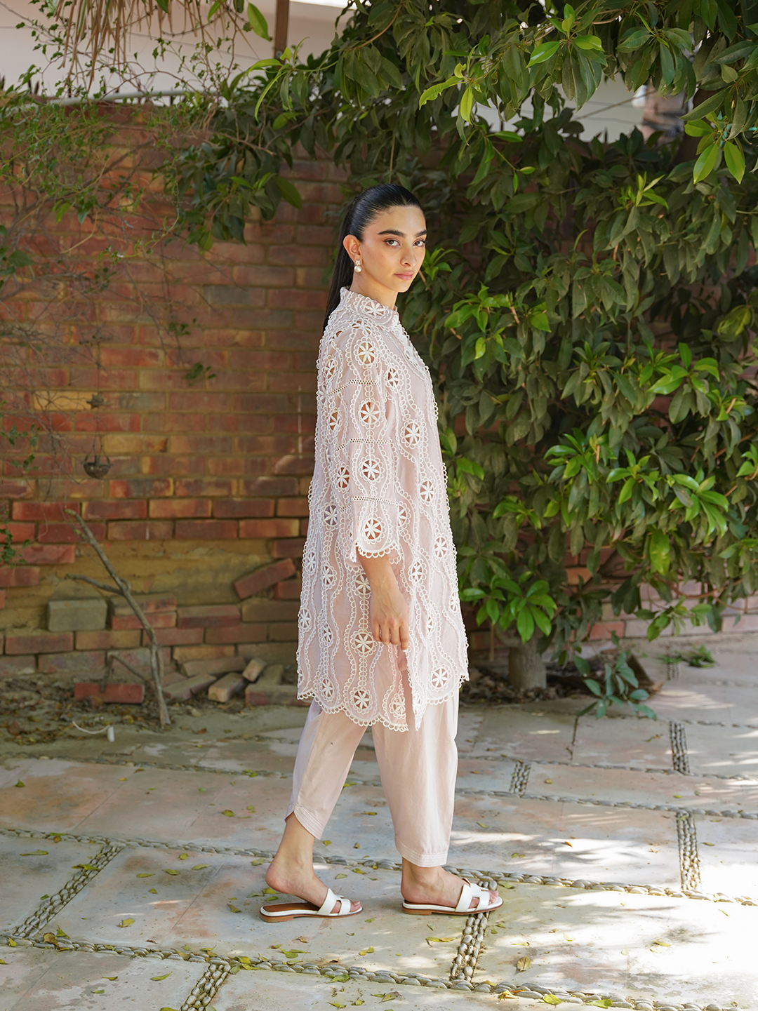 Dusky Pink Cotton Chikan Set
