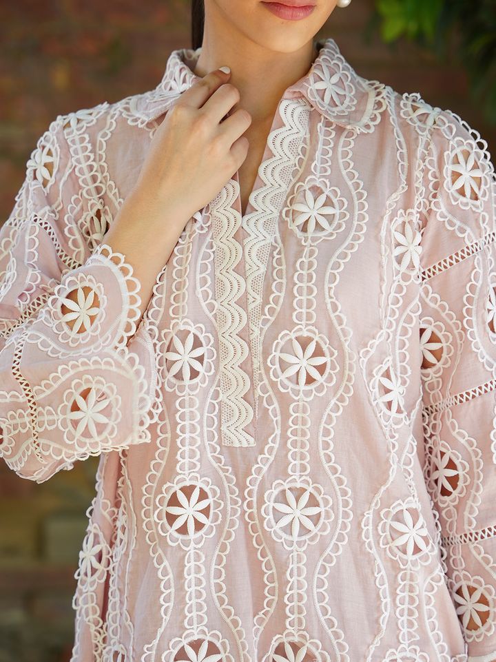 Dusky Pink Cotton Chikan Set
